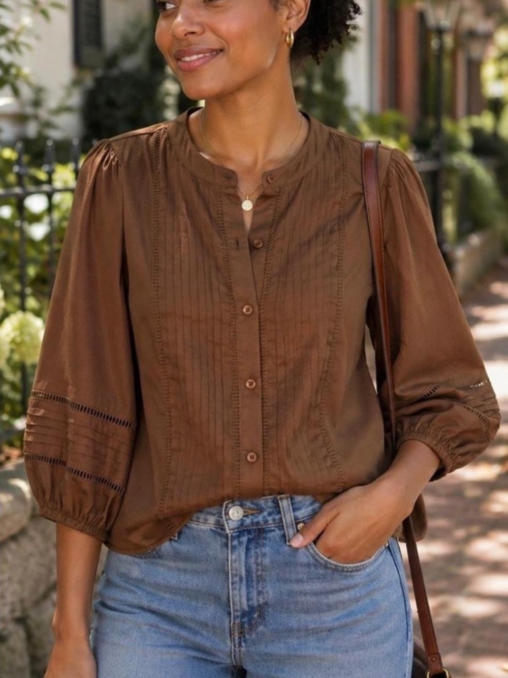 Evereve Brown Pintuck Button Front Blouse XS